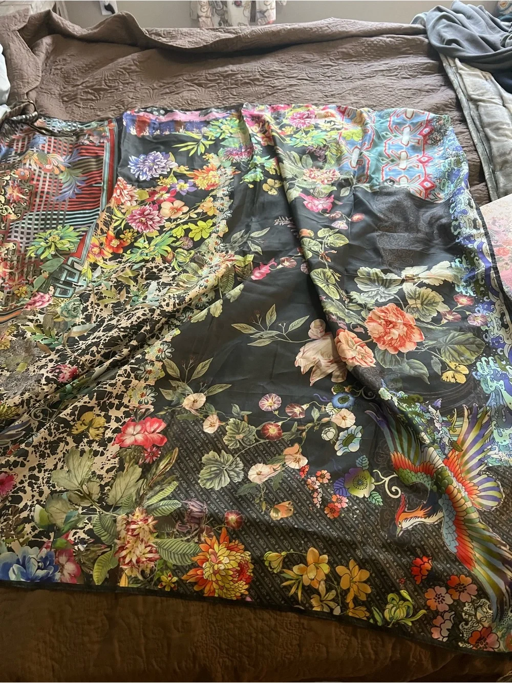 Johnny Was Pink Floral Scarf with Green and Coral Accents